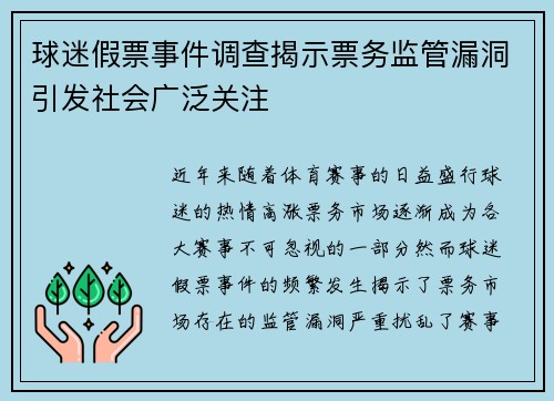 球迷假票事件调查揭示票务监管漏洞引发社会广泛关注