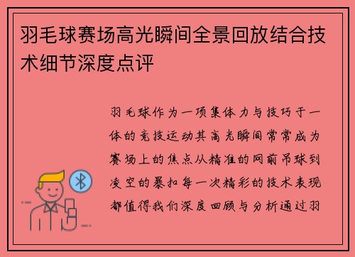 羽毛球赛场高光瞬间全景回放结合技术细节深度点评